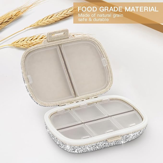 Soleebee Portable 8 Compartments Daily Pill Organizer, Bling Crystal Diamond Pill Box, Small Travel Pill Case, Pill Dispenser, Medicine Container Organizer to Hold Vitamin, Fish Oil (Silver)