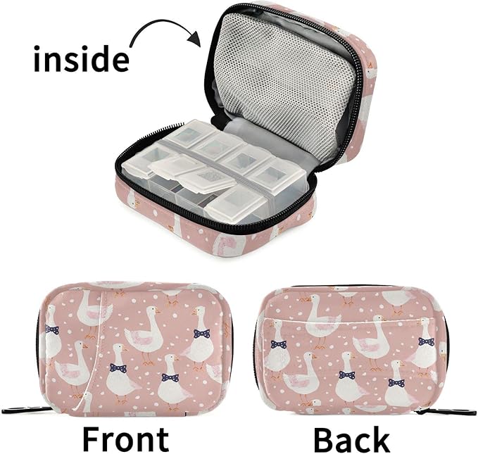 Fustylead Geese with Bow Tie and Dots on Pink Background Travel Pill Organizer Bag with Zipper Small Pill Box 7 Day Pill Case for Purse Storage Weekly Vitamin Medicine Supplement