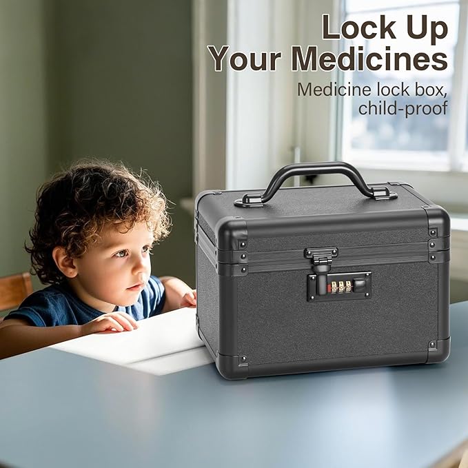 Medicine Lock Box, Lockable Storage Box for Drugs, Childproof Medication Storage with Combination Lock for/Dorms/Outdoor/Home Personal Pill Organizers (Small 10.2x6.8x6.9 Inch) Black