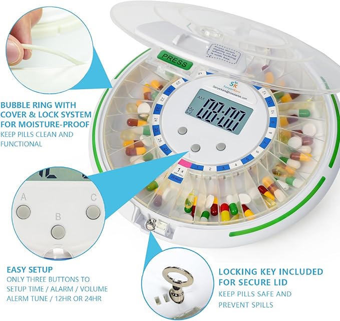 Automatic Pill Dispenser with Alarm, Flashing Light and Sound, 28 Day Pill Dispenser Machine for Elderly, Frosted Lid with Safety Lock, Medication Dispenser Improving Your Pills Privacy