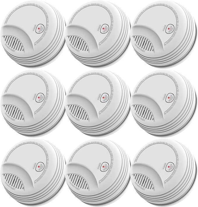 9 Pack Photoelectric Smoke Detector with 9V Battery Included Smoke Alarm, 10-Year Sensor, Test/Silence Button, Low Battery Warning, Easy Mount, Fire Alarm for Home Bedroom Living Room