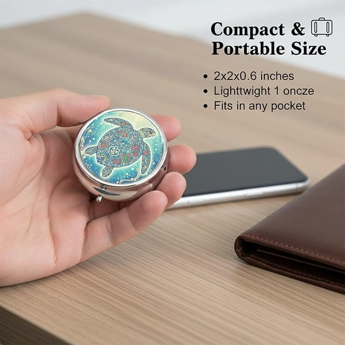 Round Pill Case Small Pill Box with Mirror Pocket 3 Compartment Vitamin Pill Medicine Case Organizer Pill Containers for Traveling Mandala Sea Turtle One