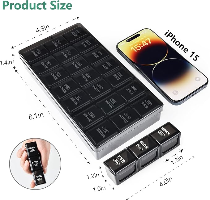 Large Weekly Pill Organizer 3 Times a Day, MOLN HYMY Dual Protection Portable 7 Day Pill Box, Travel Friendly Daily Pill Containers for Vitamins/Medication/Fish Oils/Supplements (Black)