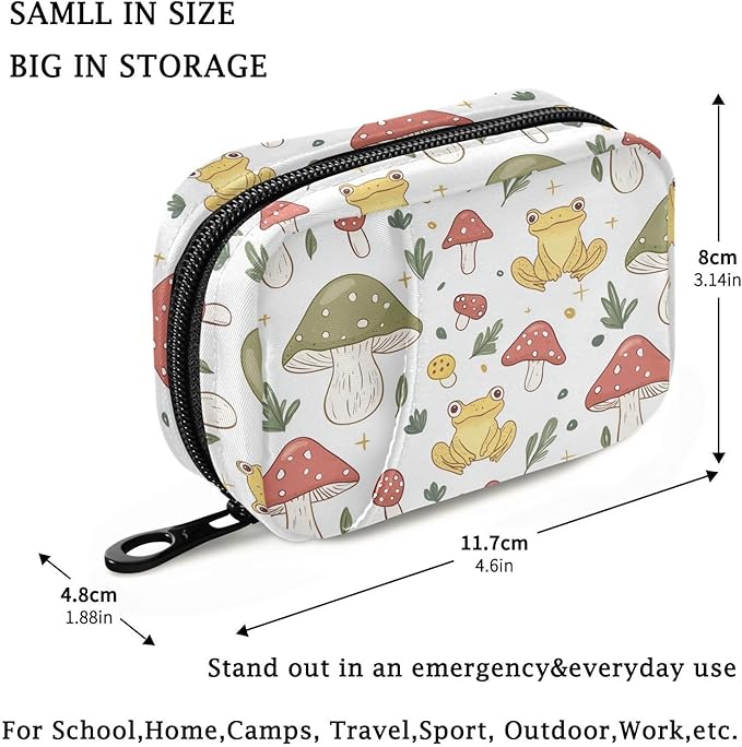 Fustylead Cute Yellow Frog and Mushroom Travel Pill Organizer Bag with Zipper Small Pill Box 7 Day Pill Case for Purse Storage Weekly Vitamin Medicine Supplement
