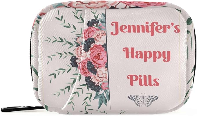 Custom Pill Box 7 Day Pill Case Bag Blossom Flower Personalized Name Travel Pill Organizer Bag with Zipper Portable Weekly Case Compact Size for Vitamin Supplement Holder