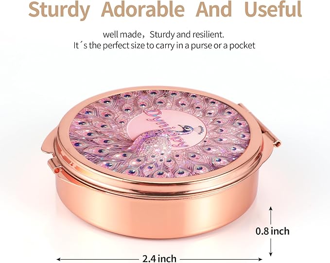 Dynippy Pill Case Pill Box with Mirror Pocket 3 Compartment Medicine Case Vitamin Pill Organizer for Pocket Purse and Travel (Round, Rose Gold-Peacock)