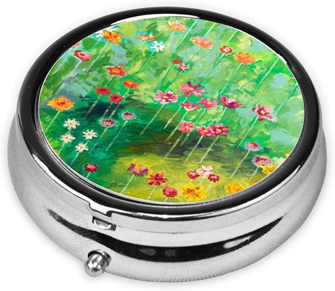Metal Silver 3 Compartment Pill Box Pocket Portable Mini Travel Pill Case Small Round Decorative Medicine Box Vitamin Pill Organizer with Oil Painting Flower