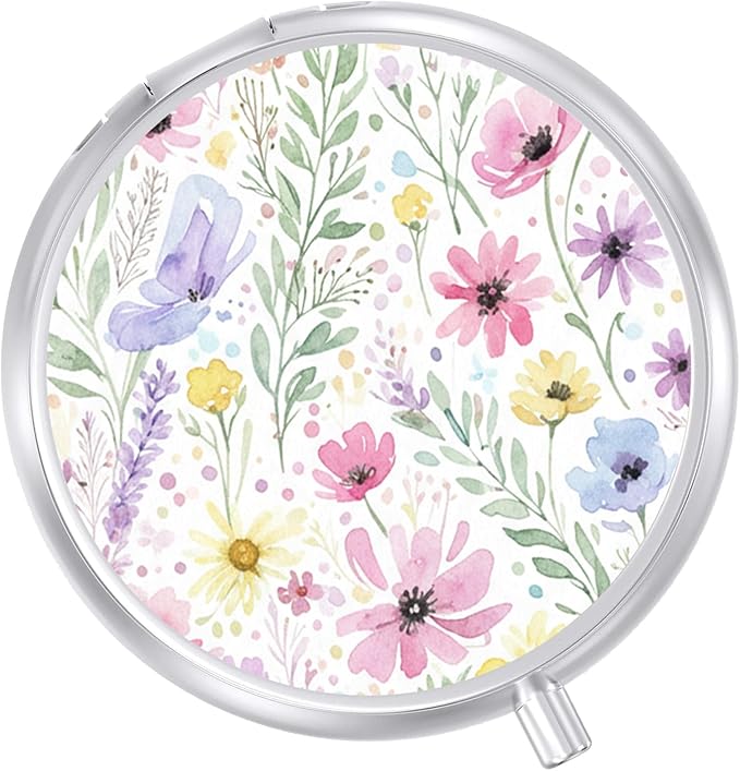 Round Pill Case Small Pill Box with Mirror Pocket 3 Compartment Vitamin Pill Medicine Case Organizer Pill Containers for Traveling Oil-Painted Wildflowers Two