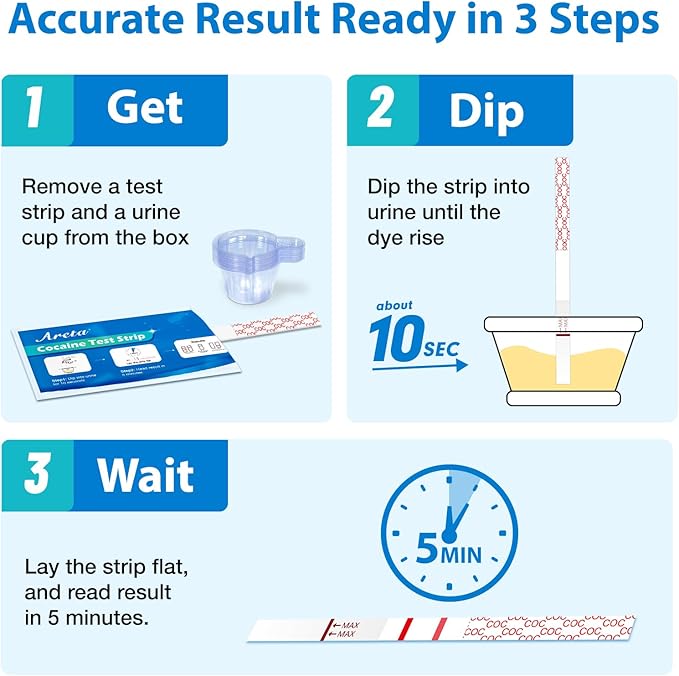 Areta Cocaine Test Strip: Cocaine Drug Test Single Panel Urine Screen Kits, 15 Pack Instant Accurate Home Cocaine Tests Coke Dipstick with Cups, 300 ng/mL Cutoff -ASCOC-114