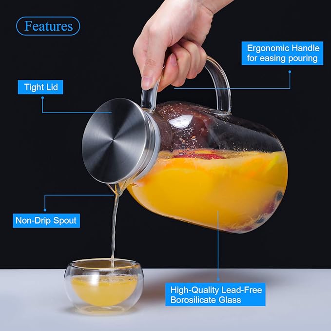 Glass Water Pitcher with Lid and Spout, 68 Ounces Heat Resistant Borosilicate Glass Carafe, Temperature Safe