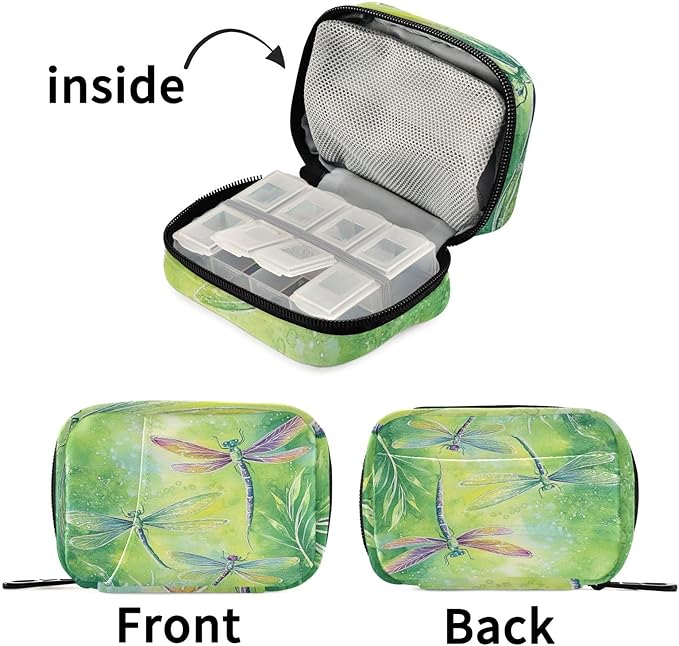 Travel Pill Case Green Dragonflies Weekly Small Pill Box 7 Day Pill Box Pill Organizer Bag