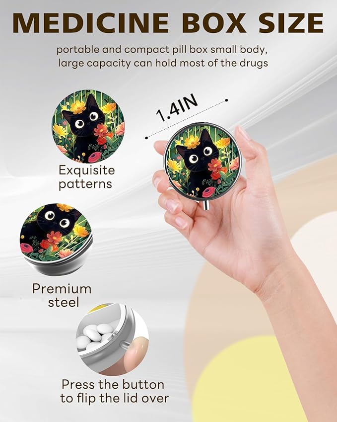 LRITER Pill Case, Portable Travel Pill Box, Pillbox Organizer, Cute Small Medicine Storage Container, Purse Accessories for Women, Men (Cute Cat)