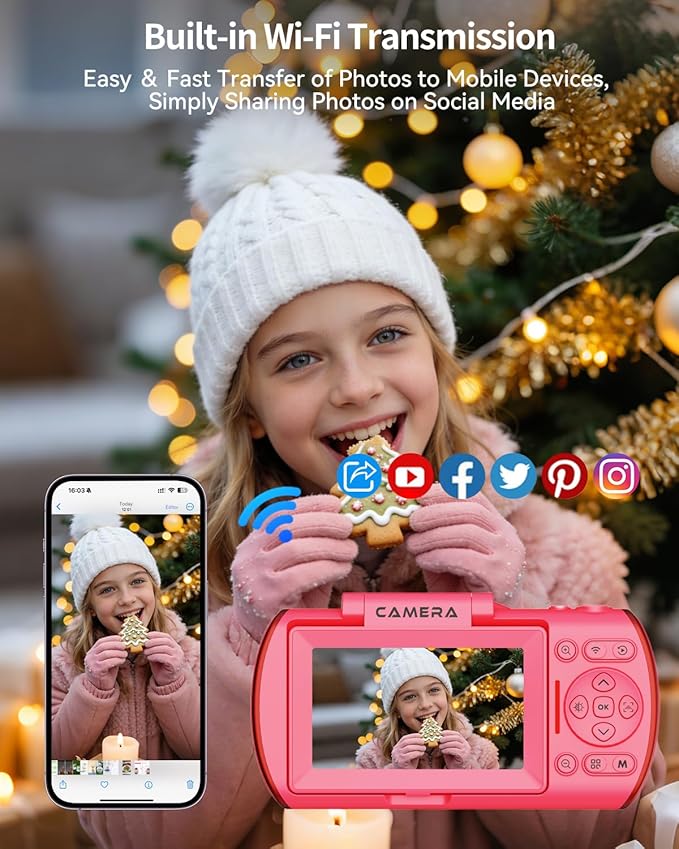 4K Digital Camera for Photography Autofocus,64MP WiFi Vlogging Camera with 3” 180° Flip Screen for YouTube,18X Zoom Travel Camera for Beginners,32GB Card & Rechargeable Battery (Pink)