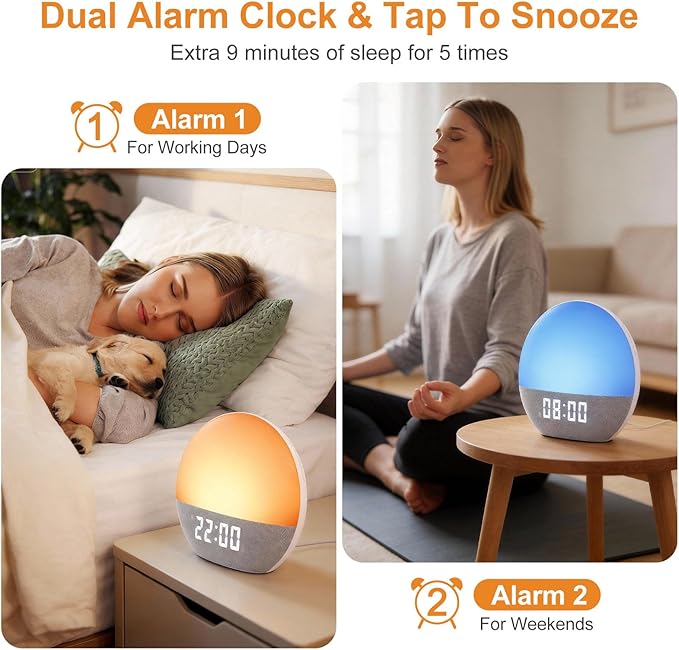 Sunrise Alarm Clock, White Noise Sound Machine, Gentle Alarm Clocks for Bedrooms, Natural Linen, 24 Soothing Sounds, 17 Night Lights, Dimmable Clock, Dual-Alarm for Heavy Sleepers