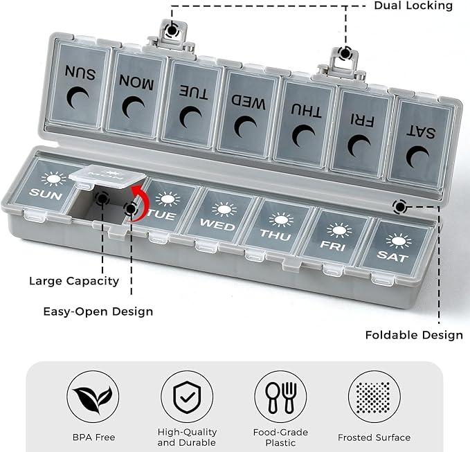 Foldable Pill Organizer Weekly 2 Times a Day, 7 Day Portable AM PM Travel Pill Case with Black&White Labels, Dual-Protection Daily Medicine Box, Large Pill Container for Vitamin/Supplement-Grey