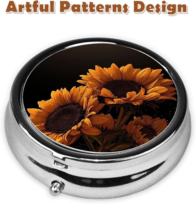Metal Pill Organizer - 3-Compartment Mini Round Pill Case for Pocket & Purse, Portable Vitamin Holder, Easy-Open Design for Travel - Quiet Sunflower