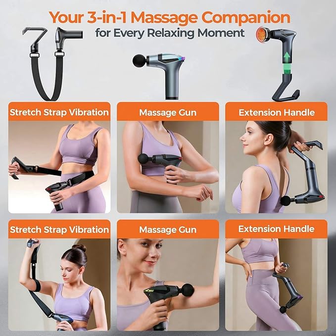 3-in-1 Detachable Deep Tissue Massage Gun with Heat & Extension Handle, Percussion Muscle Massager for Arms, Shoulders, Back,Waist, Portable & Quiet for Home, Gym & Office, 12 Adjustable Speeds