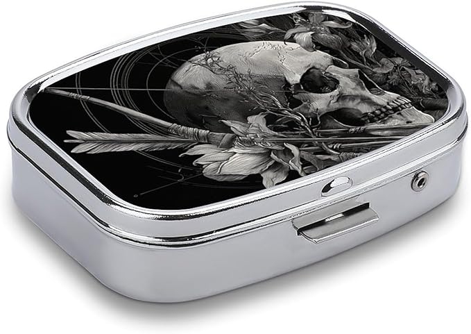Metal Pill Organizer – 2-Compartment Pocket Pill Box for Vitamins, Supplements, Medications – Compact Travel Case (Skull Arrows with Lilies)