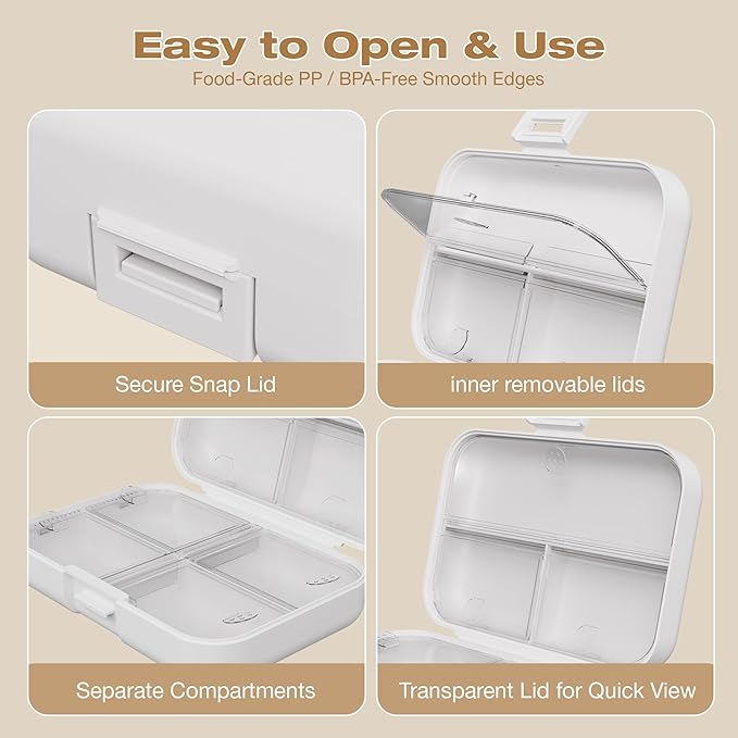 Travel Pill Box, Double Layer 7-Compartments Large Pill Organizer, 4.3" x 3.1" x 1.4" Portable Weekly Pill Case Container for Pocket, 7 Day Compact Medicine Holder for Vitamins, Fish Oils White