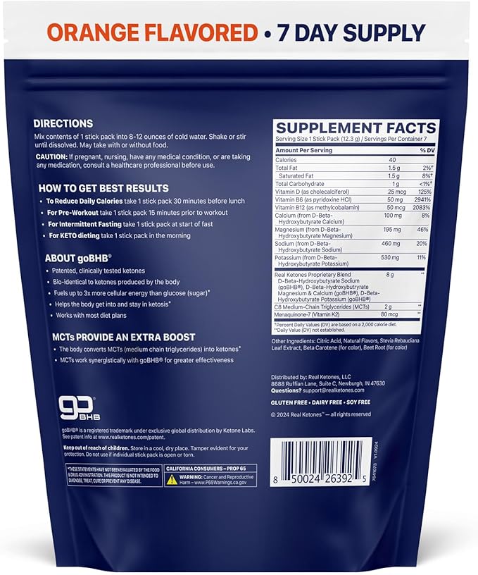 Real Ketones MCT & BHB Exogenous Ketones Drink Mix Packets Elevate Keto Electrolytes Powder Packets No Sugar with 4 Main Electrolytes Plus Hydrating Proprietary Keto BHB - 7-Pack Orange