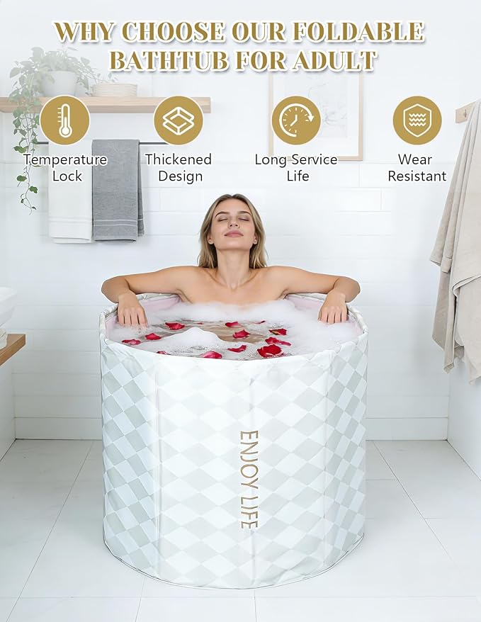 Portable Bathtub for Adults, Collapsible Freestanding Bathtub for Shower, Hot Ice Bath Tubs with Thickened Thermal Foam to Keep Temperature, PVC Outdoor Soaking Tub (Argyle)