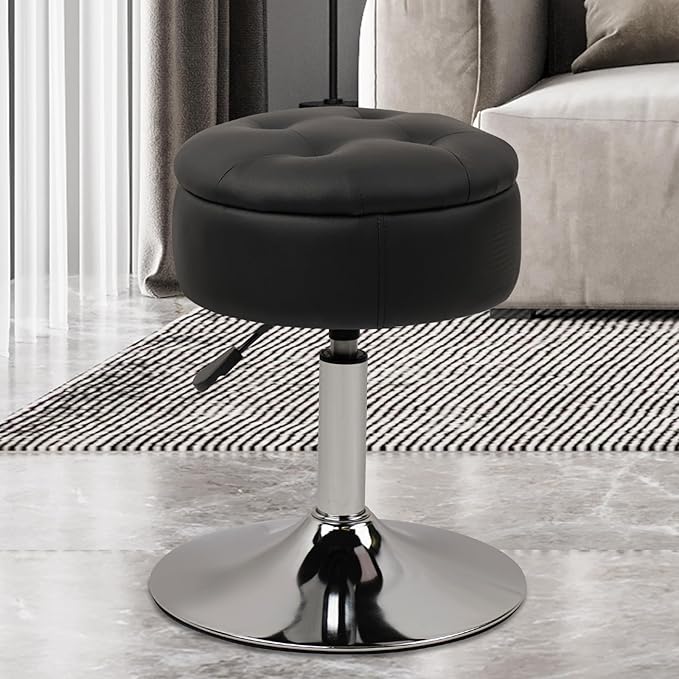 Salon Stool with Big Storage Set of 2, Height Adjustable 361° Swivel Modern Round Leather Tufted Makeup Vanity Stools for Massage Facial Spa Beauty Nail Medical Clinic Tattoo Barber, Black