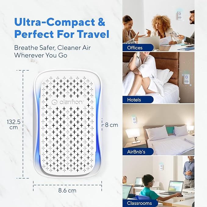Clarifion - DSTx Portable Air Purifier - Plug In Air Ionizer HEPA Filter, Mini Personal Air Purifiers For, Bedroom and Pets Helps With Smoke, Airborne Dust and Odors