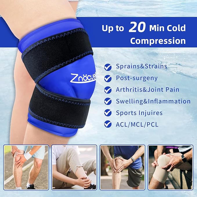 ZNÖCUETÖD Enhanced Knee Ice Pack Wrap 2 Pack for Pain Relief, Large Gel Ice Pack for Knee Leg Injuries Reusable with Cold Compression for Tendonitis, Arthritis, Swelling, Bruises, Surgery Recovery
