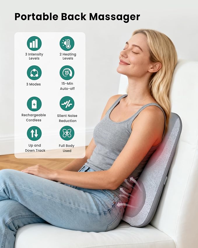 Cordless Back Massager with Heat, Up and Down Rolling Massage & Heated Lower Back, 4D Shiatsu Back Massager for Pain Relief Deep Tissue, Electric Back Massagers for Chair Office Home Use