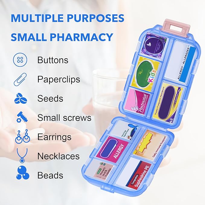 Large Travel Pill Organizer with Medicine Labels, 10 Compartments Travel Pill Box Medicine Organizer Purse Pill Case Daily Pill Container (Blue, 189 Lables)