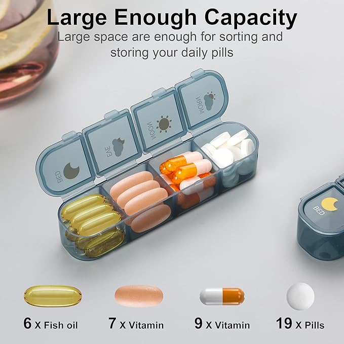 Pill Organizer 4 Times A Day, Pill Box 7 Day, Acedada Weekly (4X A Day) Travel Medicine Organizer Box, Large Pill Container Case Vitamins Holder Pill Dispenser, Blue
