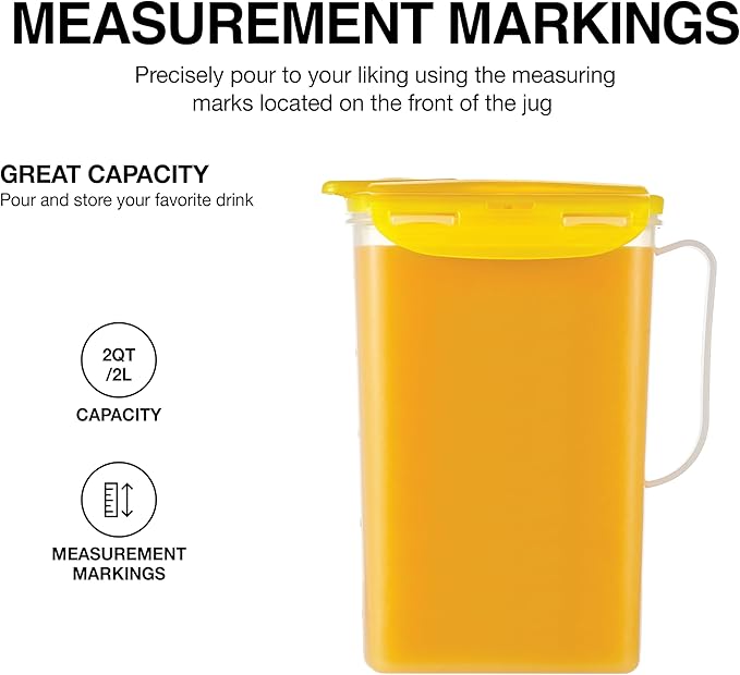LocknLock Aqua Fridge Door Water Jug with Handle BPA Free Plastic Pitcher with Flip Top Lid Perfect for Making Teas and Juices, 2 Quarts, Yellow