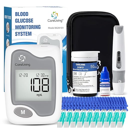 Blood Glucose Monitor Kit, 50 Test Strips, 50 Lancets, 1 Blood Glucose Meter, 1 Lancing Device, Diabetes Testing Kit, Portable Blood Sugar Test Kit, Glucometer Kit for Home