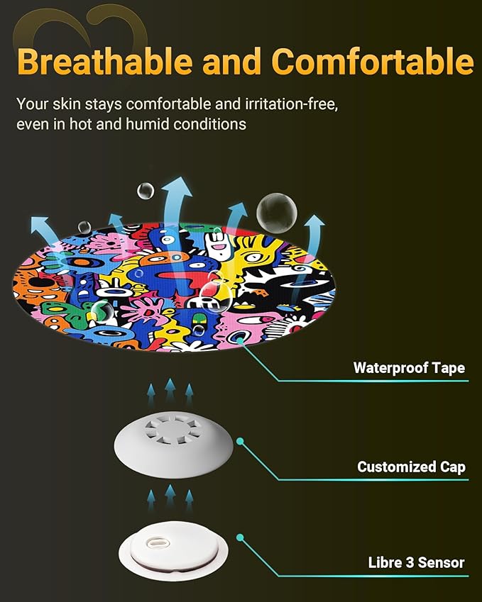 Libre 3 & Plus Sensor Covers Waterproof, Amolyfe 10 Pack Freestyle Libre 3 Covers, Bump-Proof with Hard Cap, Breathable Latex Free Glucose Sensor CGM Adhesive Patches, 14-Day CGM Protection (Graffiti)