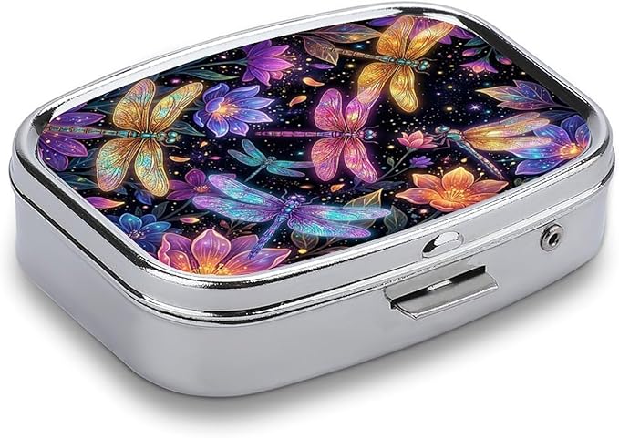 Metal 2 Compartment Pill Organizer Travel Friendly Portable Compact Pill Box Cute Pill Case,for Pocket Wallets Daily Portable Medicine Vitamin Tablet Storage (Painted Dragonfly)