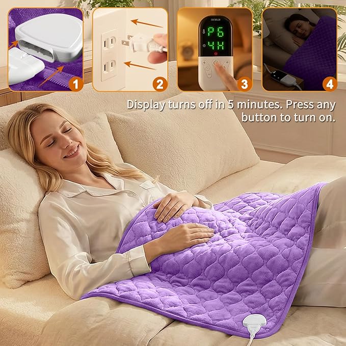 King Size Heating Pad for Back Pain 32"x24" Extra Large Electric Heating Pad for Period Cramps Relief & Body Neck Shoulder Auto Shut Off Heat Pad Temperature Settings Machine Washable Purple