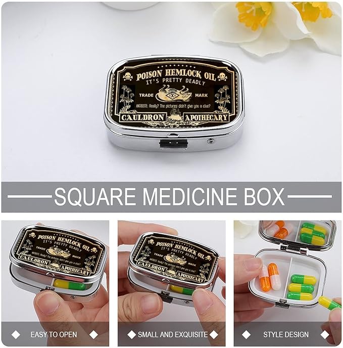 Metal 2 Compartment Pill Organizer Travel Friendly Portable Compact Pill Box Cute Pill Case to Hold Vitamins/Fish Oil/Supplements/Meds/Tablet for Purse/Pocket (Vintage Poison Label)