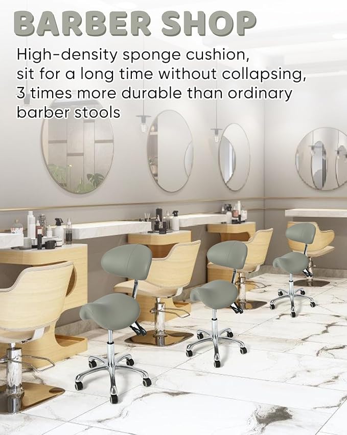 Adjustable Saddle Stool, ergonomically Designed Rotating Saddle Stool with Back Support, Rotating Rolling Base, Grey