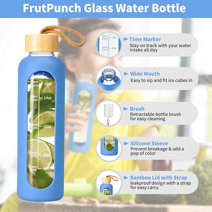 18 OZ Glass Water Bottles, Water Bottle with Time Marker, Leakproof Glass Water Bottles with Silicone Sleeves, Suitable for Offices and Gyms. (blue)