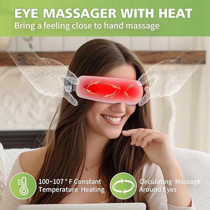 NOWWISH Eye Massager with Heat, Vibration and Bluetooth Music for Migraine Headache Eye Strain Relief, Heated Eye Mask with 4 Massage Modes, Relaxation -Mothers Day Gifts for Mom Wife -White