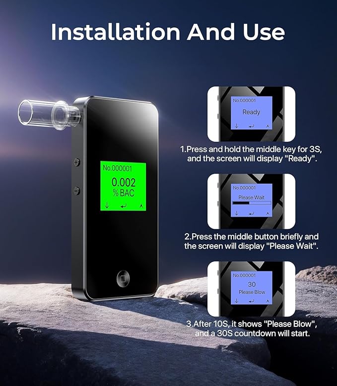 Breathalyzer, 2026 Upgraded Alcohol Breathalyzer Tester with USB Rechargeable & LCD Display, Portable Personal Breathalyzer for Home and Travel Use (Includes 10 Mouthpieces) (Black)