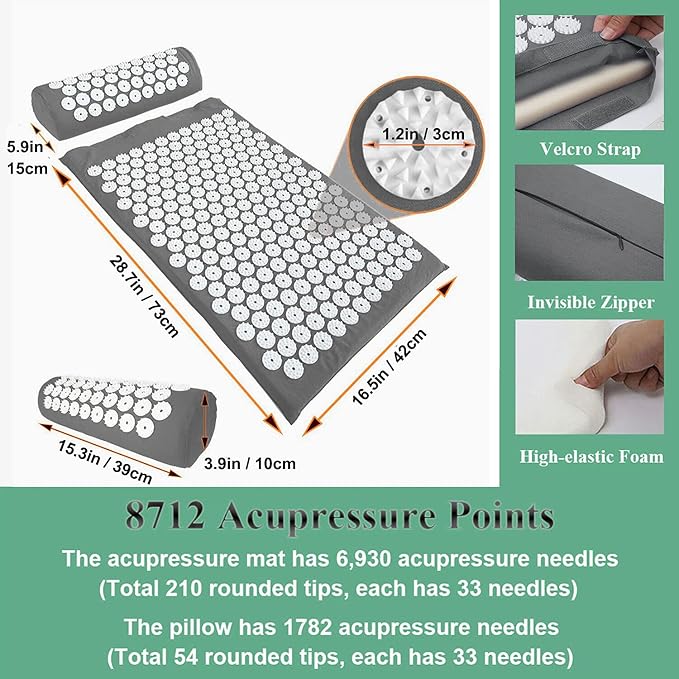XiaoMaGe Acupressure Mat and Pillow Set with Bag - Large Size 28.7 X 16.5 inch Acupuncture Mat for Neck & Back Pain, Muscle Relaxation Stress Relief, Sciatica Pain Relief Pillow (Gray)