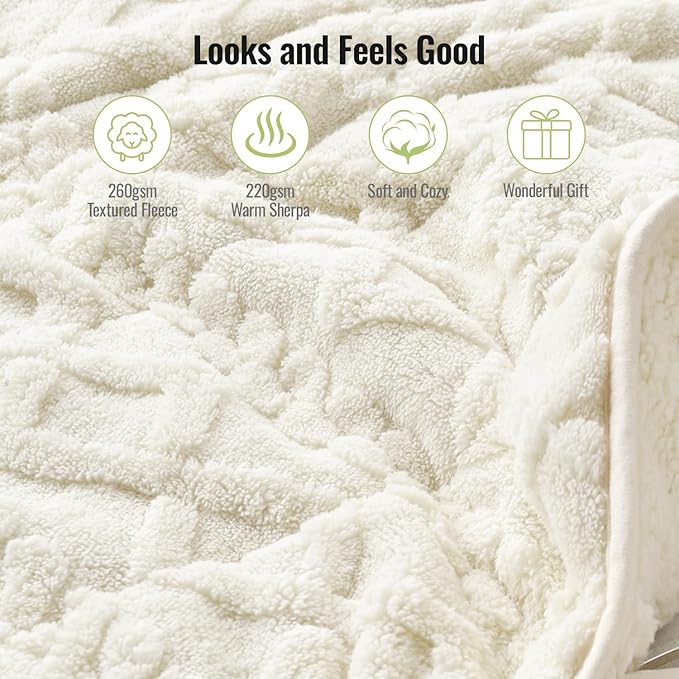 Uttermara Weighted Blanket for Adults Queen Size 15lbs 60x80 inches, Dual Sided Soft Jacquard Sherpa Weighted Blankets, Thick Heavy Blanket for Sleeping and Calming, Cream White
