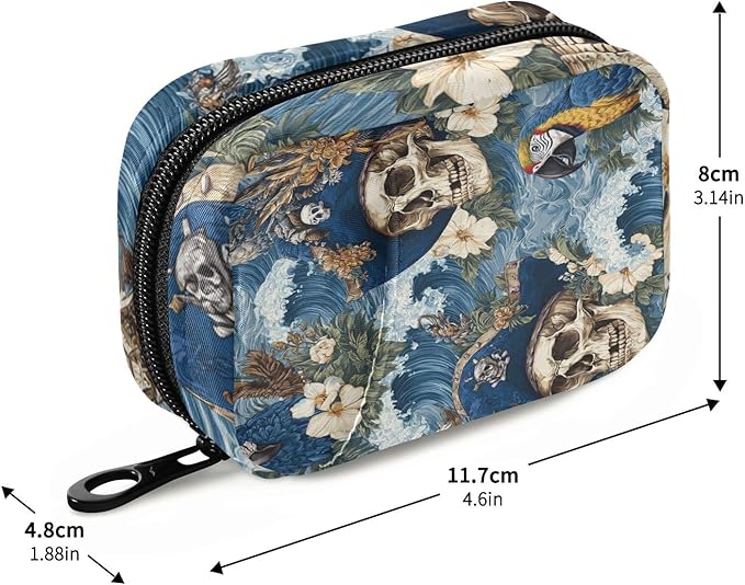 Pirate Skulls Waves Blue Travel Pill Organizer Case Box Container Weekly Portable Vitamin Medicine Holder Storage Bag with Zipper Removable