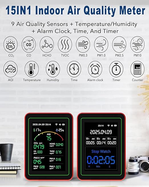 WiFi Air Quality Monitor,15-in-1 Smart Air Quality Tester with PM, CO2, CO, TVOC, HCHO, PM, AQI, Temperature & Humidity, Timer, Battery Powered, for Home & Office，Compatible Tuya/Smart Life App