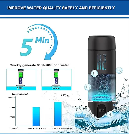 Hydrogen Water Bottle Generator with SPE PEM Technology, 5000ppb Portable Hydrogenated Water Ionizer Machine Improve Water in 5 Minutes, for Home, Office, Travel, Exercise