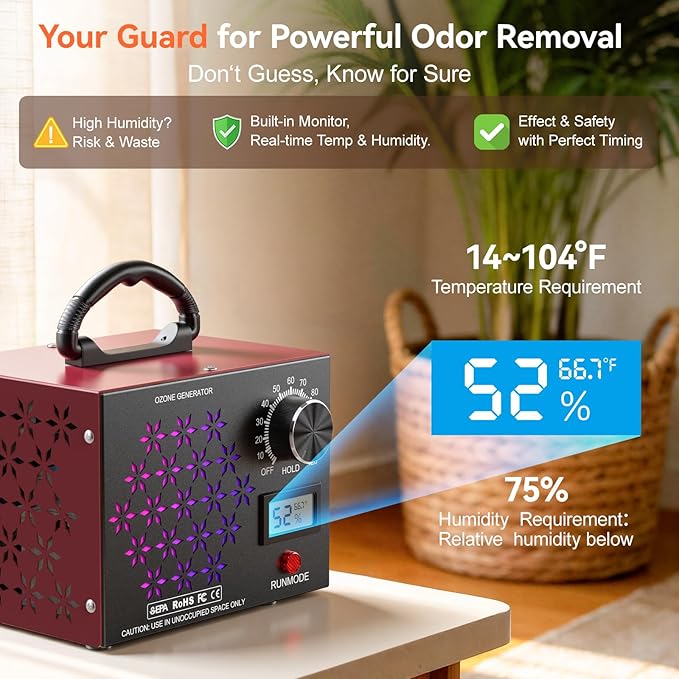120,000mg/h Ozone Generator Machine with Temp/Humidity Display, Triple Side Vents for Enhanced Airflow - Faster & Wider Ozone Odor Eliminator Air Purifier for Home, Car, Pets, Up to 6000 Sqft