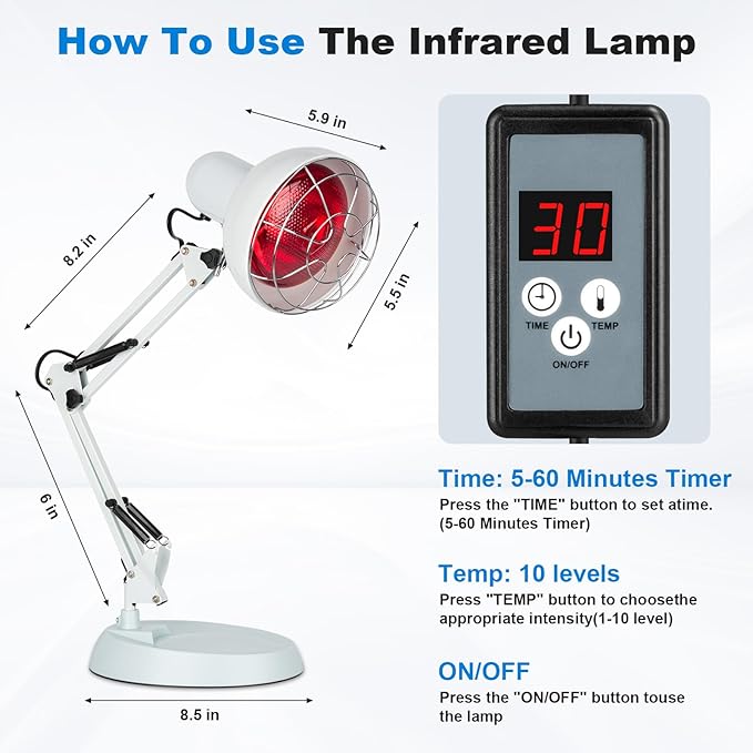 Profey Infrared Red Light Therapy with Timer, Heat Lamp Device with 150W Bulb, Adjustable Near Infrared Light Heat Lamp Set for Body Neck Shoulder Joints Back Pain Relief, for Home & Office (White)