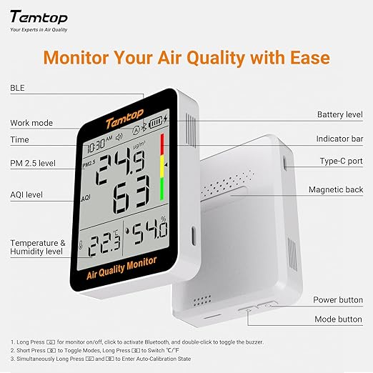 Temtop Smart Air Quality Monitor - Indoor Air Quality Meter with PM2.5, AQI, Temperature and Humidity Detector for Home, Office or School, App Connectivity, OTA Updates, 60-Day Battery Life