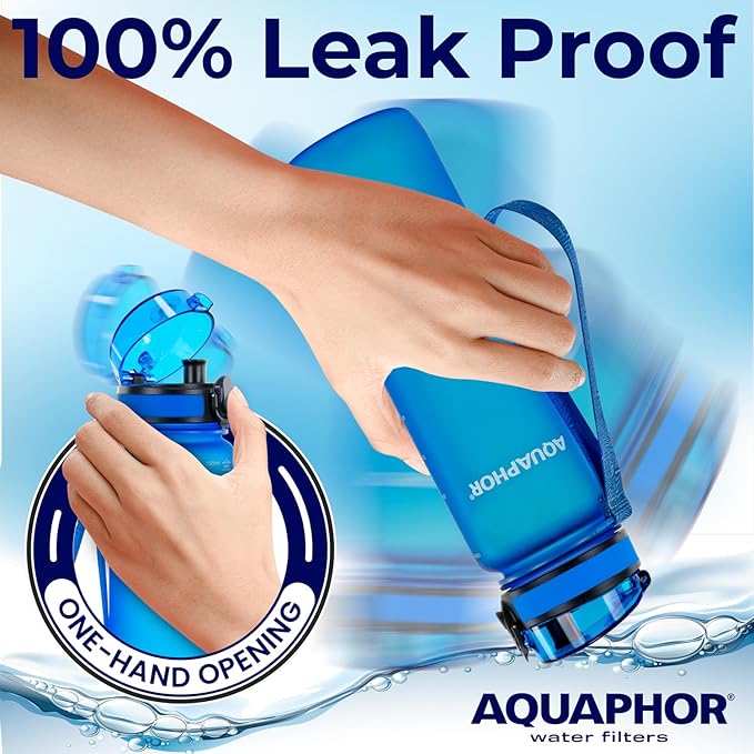 Nakii Filtered Water Bottle, Leakproof, BPA-Free, Motivational Markings, Travel, Everyday Use. 40-Gallon Filter, Replaces 300 Plastic Water Bottles. Includes 1 Filter, 34 FL Oz, Blue by Aquaphor